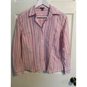 Ann Taylor Pink White Striped Button Down Blouse Ruffle Detail Womens Medium